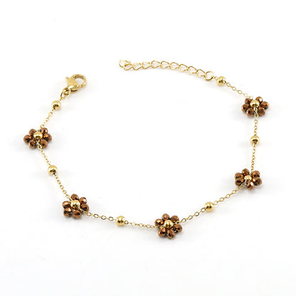 Wholesale Fashion Flower Artificial Crystal Titanium Steel Beaded Plating 18k Gold Plated Bracelets Necklace