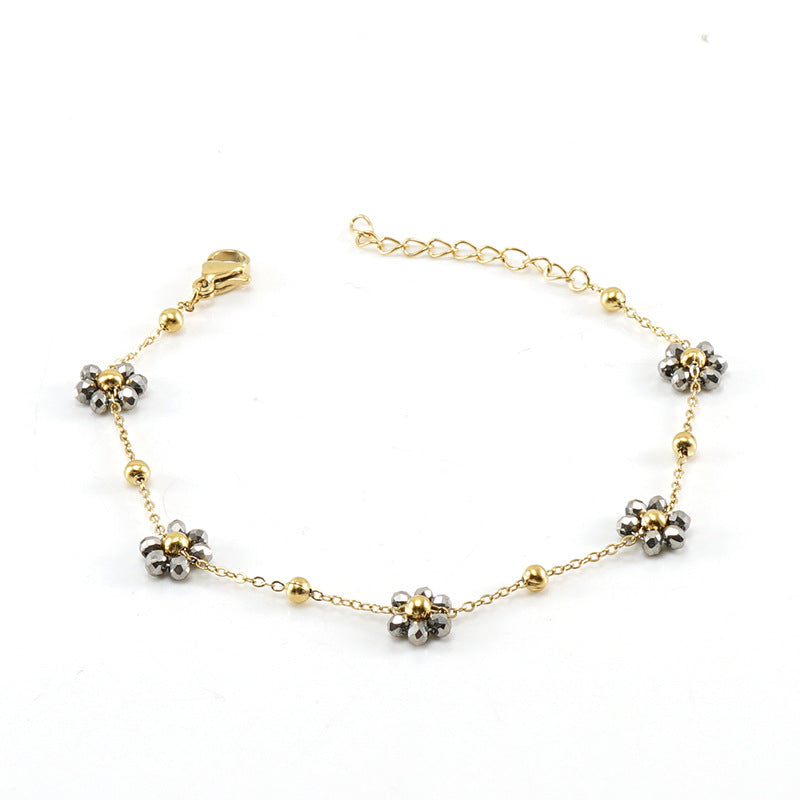 Wholesale Fashion Flower Artificial Crystal Titanium Steel Beaded Plating 18k Gold Plated Bracelets Necklace