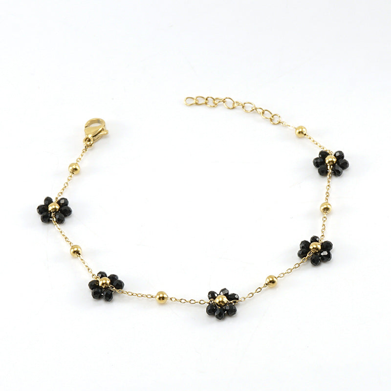 Wholesale Fashion Flower Artificial Crystal Titanium Steel Beaded Plating 18k Gold Plated Bracelets Necklace