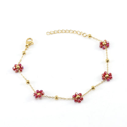 Wholesale Fashion Flower Artificial Crystal Titanium Steel Beaded Plating 18k Gold Plated Bracelets Necklace