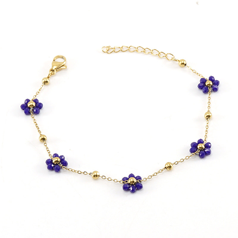 Wholesale Fashion Flower Artificial Crystal Titanium Steel Beaded Plating 18k Gold Plated Bracelets Necklace