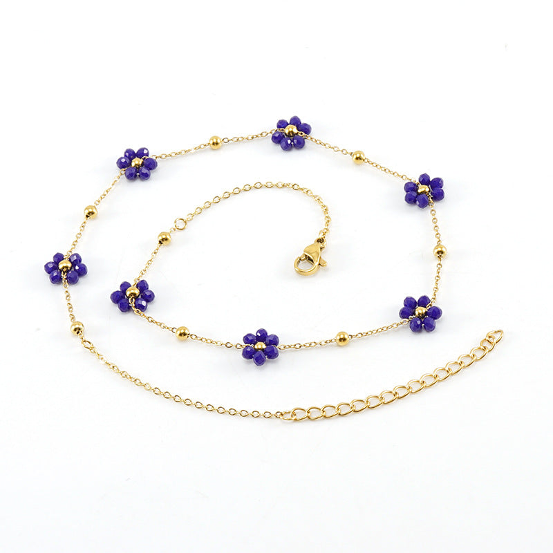 Wholesale Fashion Flower Artificial Crystal Titanium Steel Beaded Plating 18k Gold Plated Bracelets Necklace