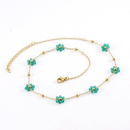 Wholesale Fashion Flower Artificial Crystal Titanium Steel Beaded Plating 18k Gold Plated Bracelets Necklace