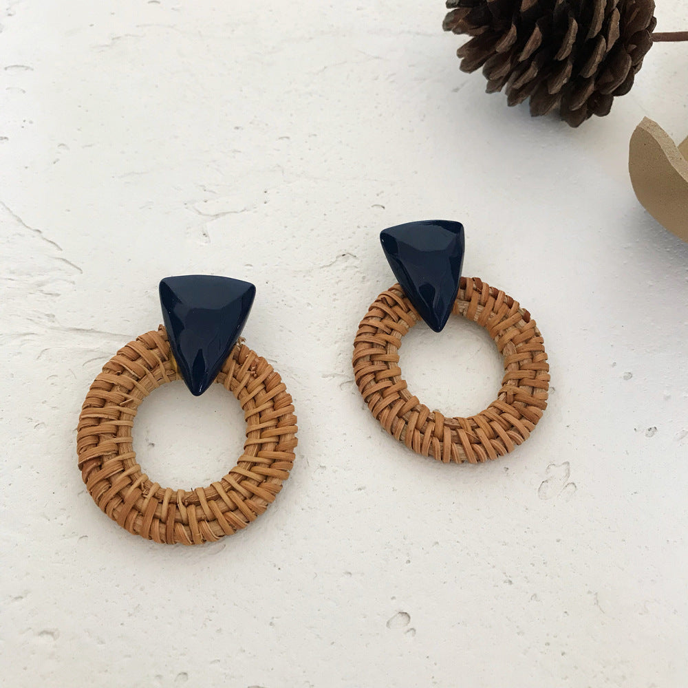 1 Pair Fashion Triangle Round Moon Wood Straw Copper Inlaid Acrylic Women's Earrings