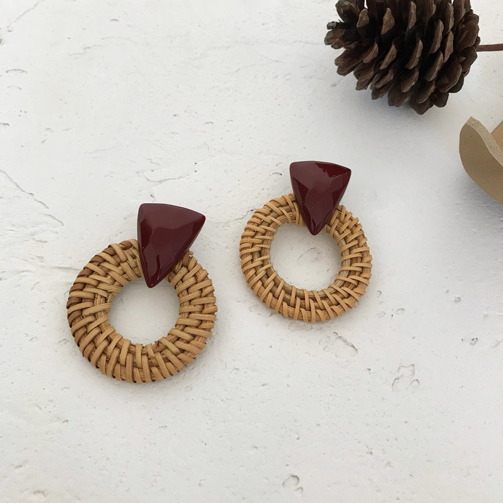 1 Pair Fashion Triangle Round Moon Wood Straw Copper Inlaid Acrylic Women's Earrings