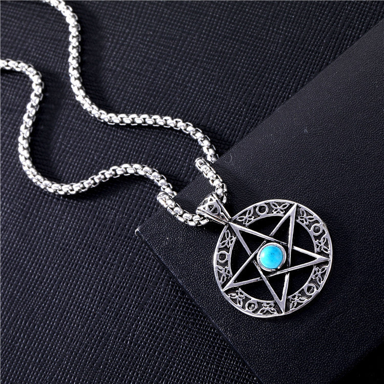 Fashion Pentagram Cross Guitar Titanium Steel Plating Inlay Turquoise Pendant Necklace 1 Piece