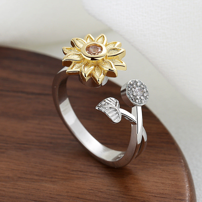 Fashion Leaf Sunflower Copper Inlay Zircon Rings