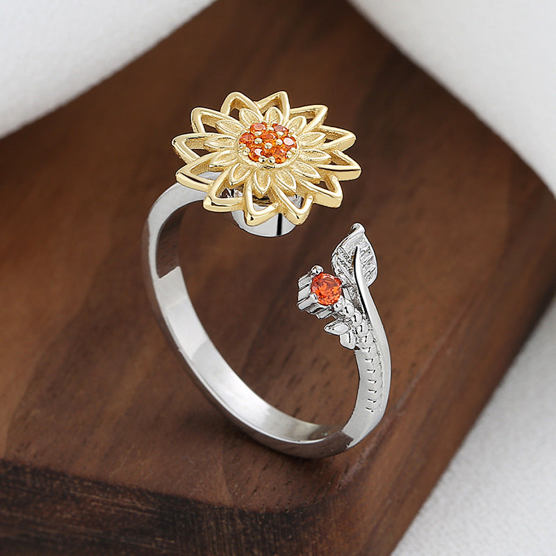 Fashion Leaf Sunflower Copper Inlay Zircon Rings