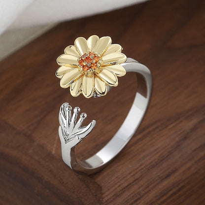 Fashion Leaf Sunflower Copper Inlay Zircon Rings