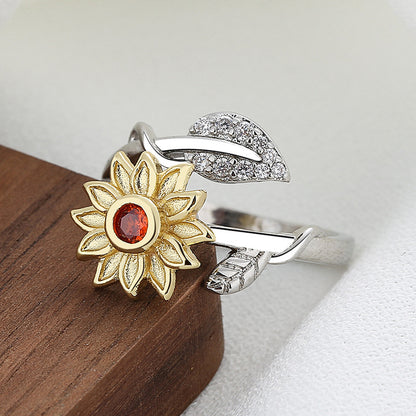 Fashion Leaf Sunflower Copper Inlay Zircon Rings