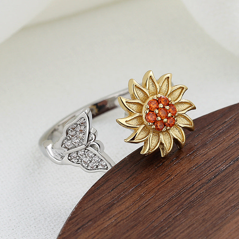 Fashion Leaf Sunflower Copper Inlay Zircon Rings