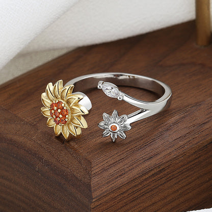 Fashion Leaf Sunflower Copper Inlay Zircon Rings