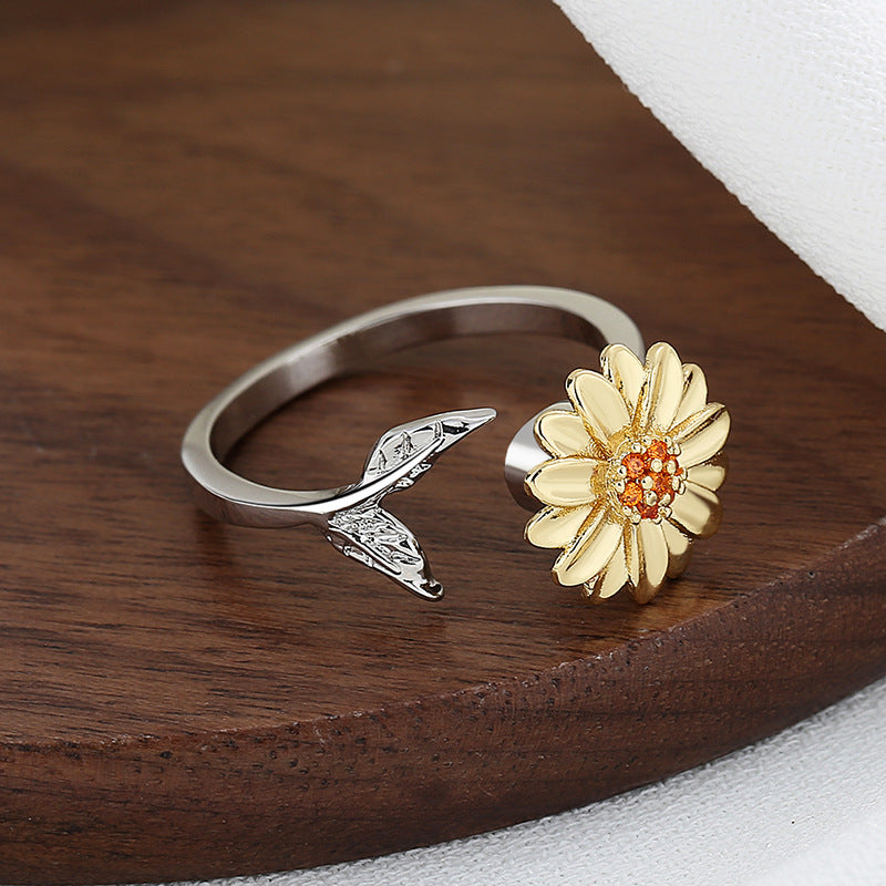 Fashion Leaf Sunflower Copper Inlay Zircon Rings