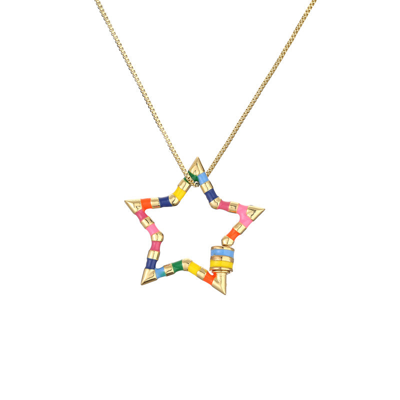 Ig Style Simple Style Pentagram Rainbow Heart Shape Copper Enamel Plating Inlay Zircon Gold Plated Pendant Necklace