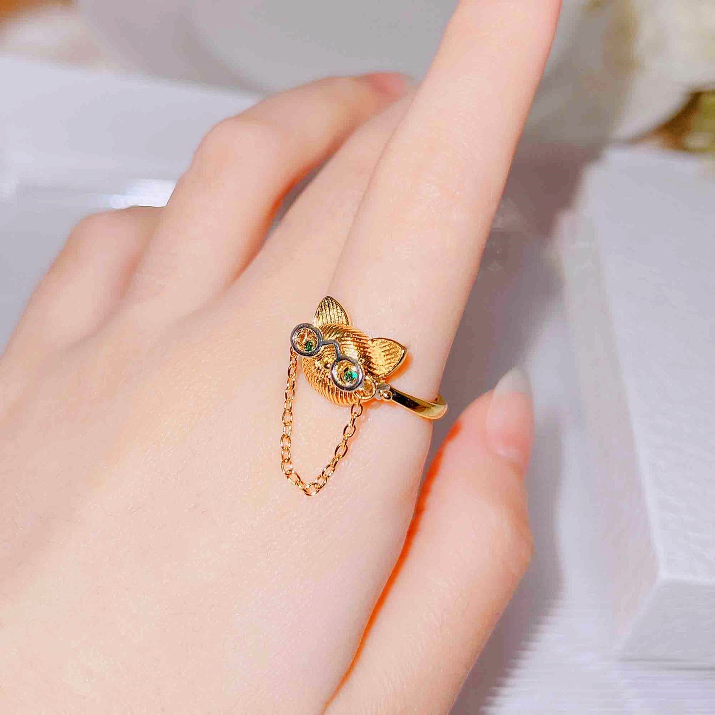 Cute Cat Copper Plating Inlay Artificial Gemstones Rings 1 Piece