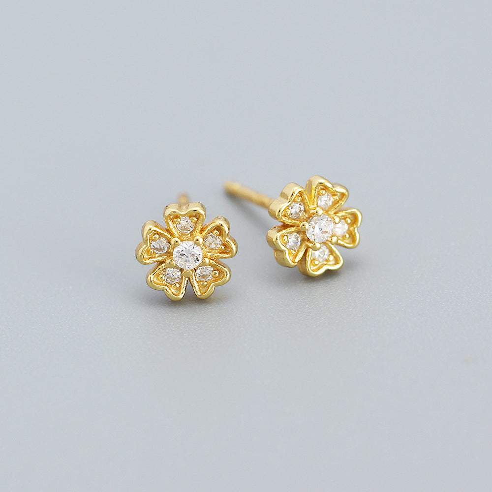 Fashion Flower Sterling Silver Inlay Zircon Ear Studs 1 Pair