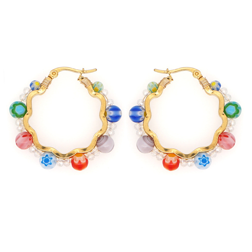 Bohemia European Retro Glass Rice Beads Diamond Stud Earrings