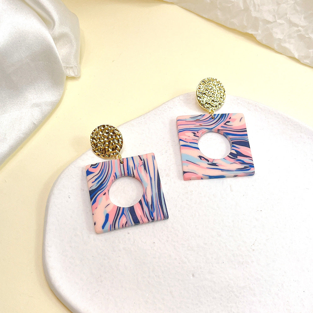 1 Pair Retro Color Block Square Patchwork Alloy Soft Clay Drop Earrings