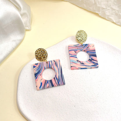 1 Pair Retro Color Block Square Patchwork Alloy Soft Clay Drop Earrings