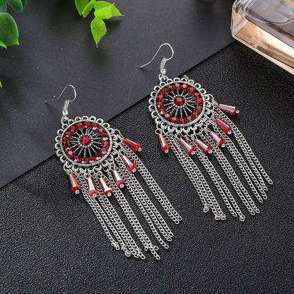 1 Pair Ethnic Style Round Tassel Alloy Plating Inlay Artificial Diamond Women's Drop Earrings