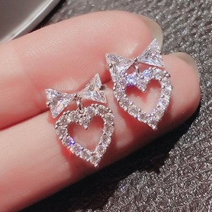 Fashion Heart Shape Bow Knot Copper Hollow Out Inlay Zircon Ear Studs 1 Pair