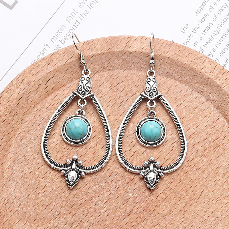 1 Pair Bohemian Water Droplets Tassel Alloy Inlay Turquoise Women's Drop Earrings