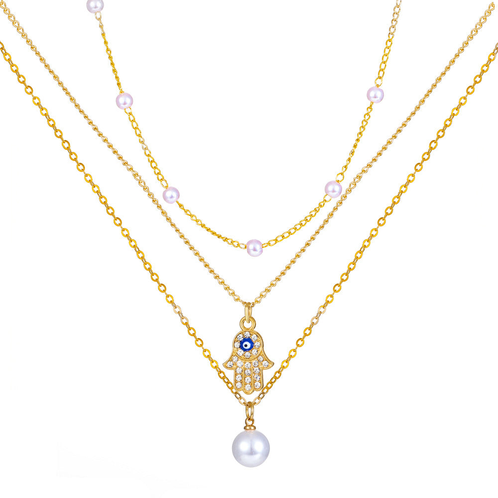 Retro Cross Palm Butterfly Alloy Inlay Artificial Pearls Rhinestones 14k Gold Plated Women's Layered Necklaces