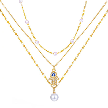 Retro Cross Palm Butterfly Alloy Inlay Artificial Pearls Rhinestones 14k Gold Plated Women's Layered Necklaces