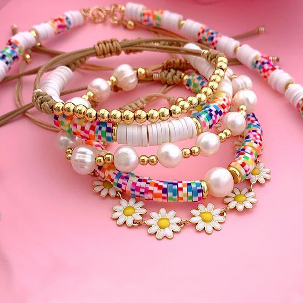 Fashion Flower Freshwater Pearl Soft Clay Knitting Bracelets