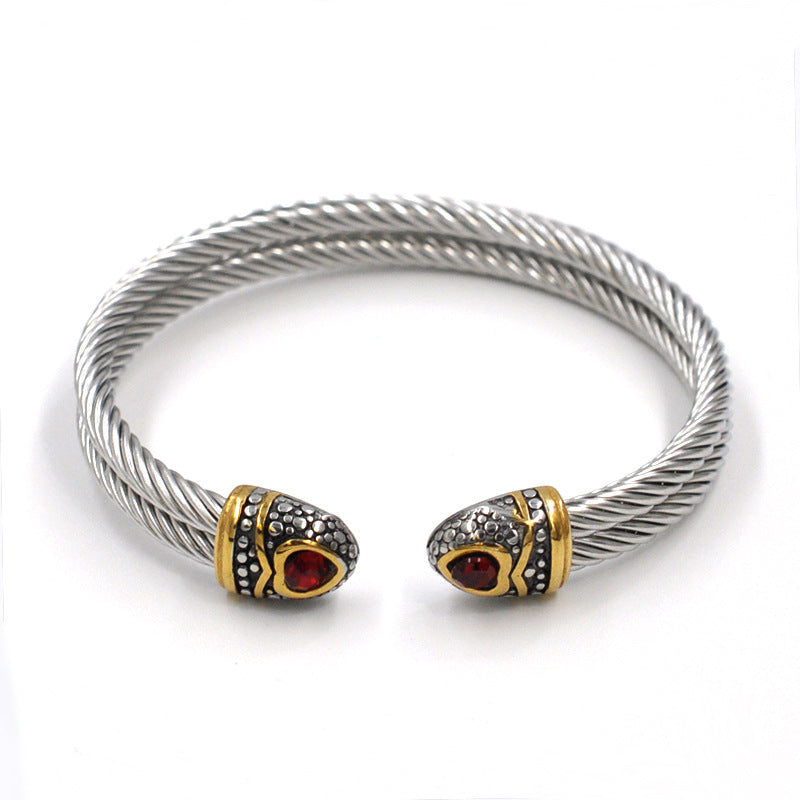 Hip-hop Retro Solid Color Stainless Steel Inlay Zircon Bangle