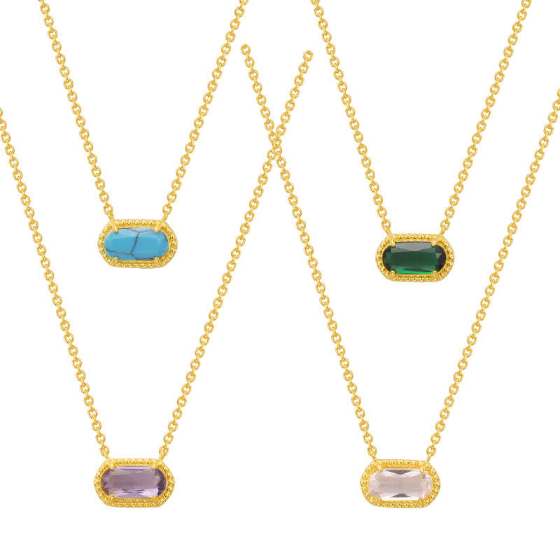 Ig Style Oval Copper Plating Inlay Turquoise Zircon 18k Gold Plated Pendant Necklace