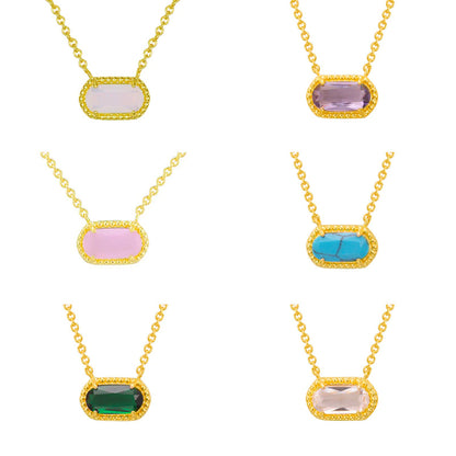 Retro Oval Copper Plating Inlay Natural Stone Opal Zircon Gold Plated Pendant Necklace