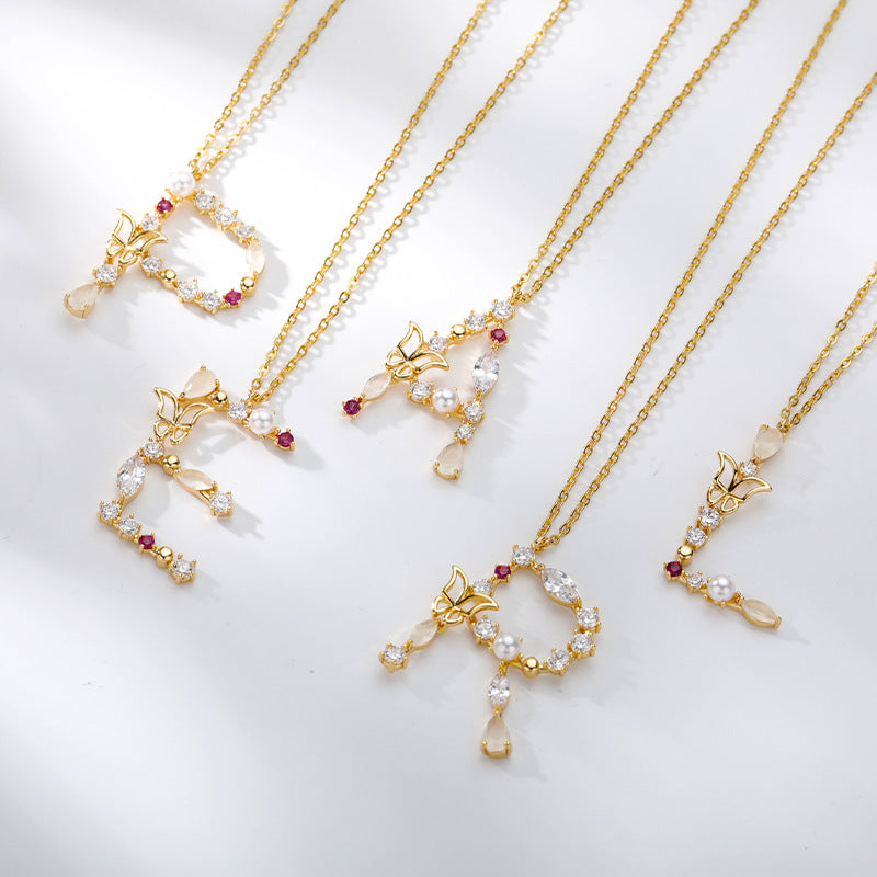 Cross-border Ins New Fashion 26 Letter Necklace Female Color Zircon Letter Butterfly Inlaid Opal Necklace