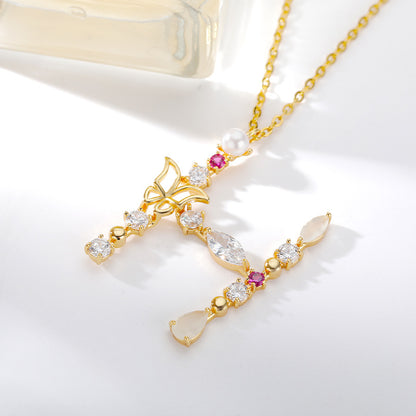 Cross-border Ins New Fashion 26 Letter Necklace Female Color Zircon Letter Butterfly Inlaid Opal Necklace