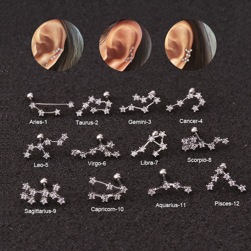 Women's Fashion Constellation Metal Ear Studs Inlay Zircon Body Jewelry