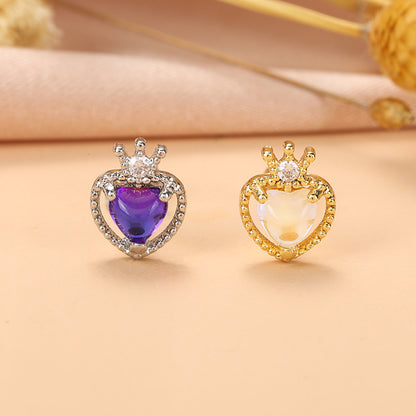 Fashion Heart Shape Crown Stainless Steel Copper Plating Inlay Zircon Ear Studs 1 Piece