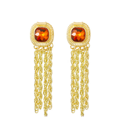 1 Pair Retro Square Tassel Inlay Copper Artificial Gemstones 14k Gold Plated Drop Earrings