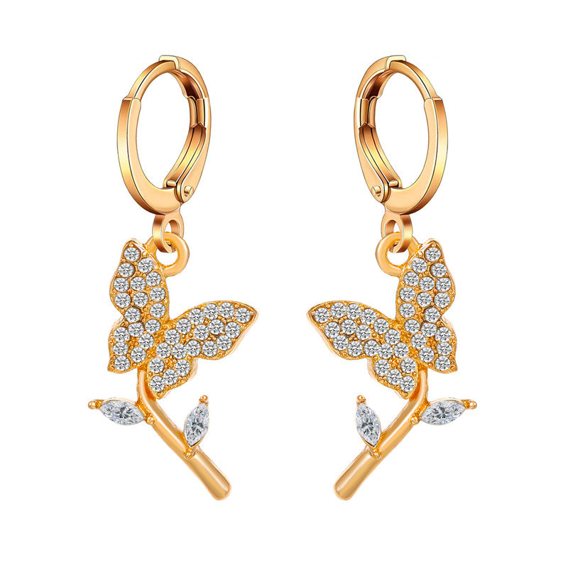 Fashion Heart Shape Butterfly Copper Inlay Zircon Earrings 1 Pair