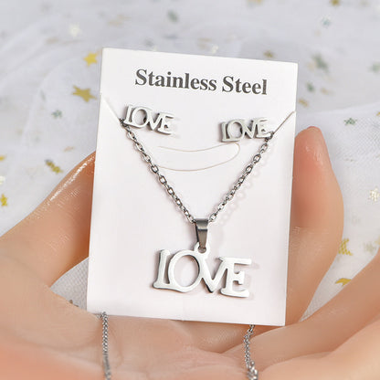 Fashion Love Heart Shape Stainless Steel Hollow Out Earrings Necklace 1 Set