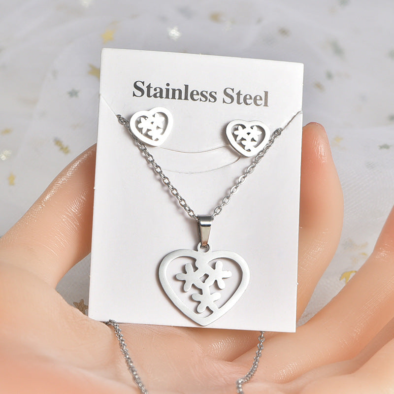 Fashion Love Heart Shape Stainless Steel Hollow Out Earrings Necklace 1 Set