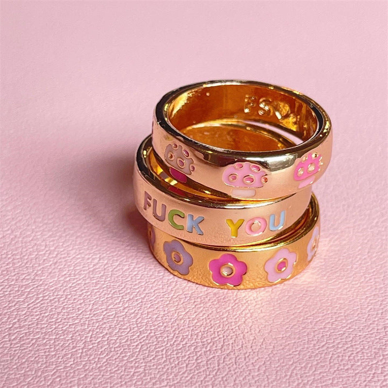 Cute Letter Flower Mushroom Copper Gold Plated Rings In Bulk