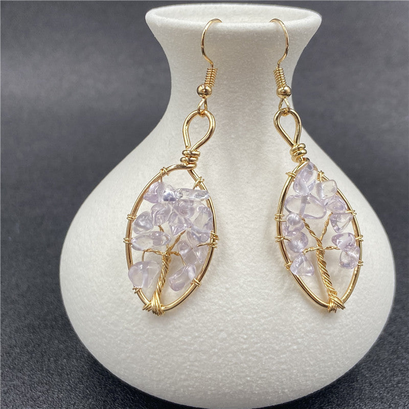 Ethnic Style Square Oval Lucky Tree Natural Stone Polishing Drop Earrings 1 Pair