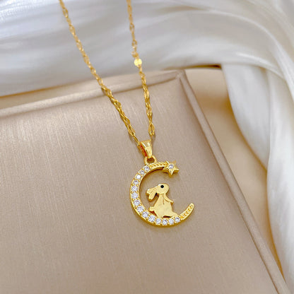 Sweet Rabbit Moon Stainless Steel Copper Inlay Rhinestones Pendant Necklace