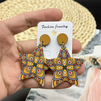 1 Pair Ethnic Style Star Flower Rhombus Wood Patchwork Stoving Varnish Women's Chandelier Earrings