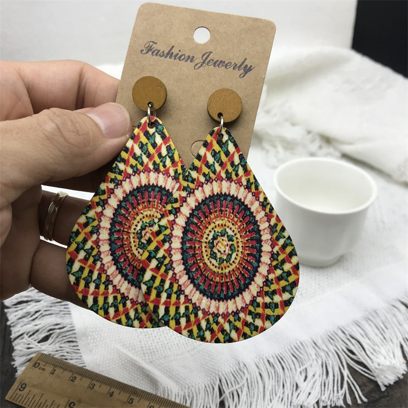 1 Pair Bohemian Round Color Block Water Droplets Wood Patchwork Women's Chandelier Earrings