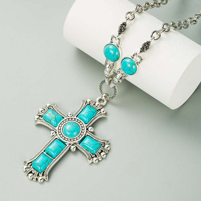 1 Piece Fashion Cross Alloy Plating Inlay Turquoise Silver Plated Women's Sweater Chain