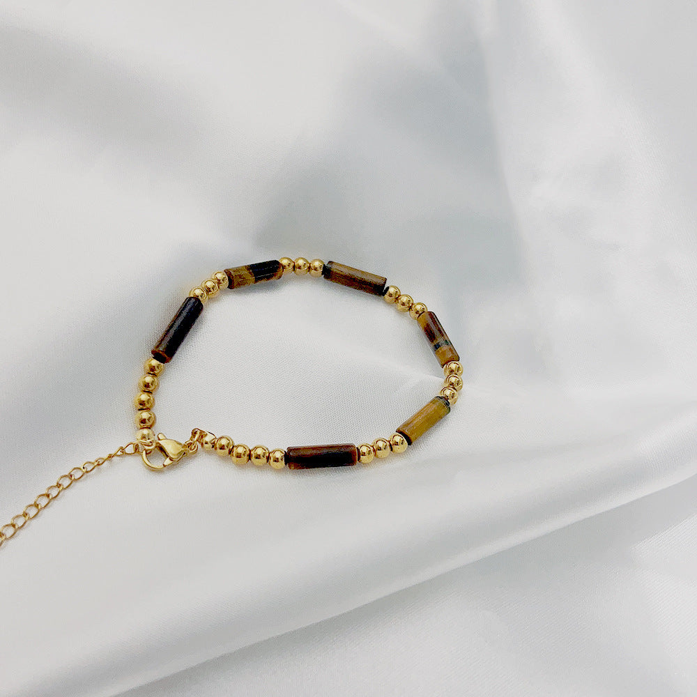 Retro Geometric Color Block Stainless Steel Natural Stone Tiger Eye Bracelets 1 Piece