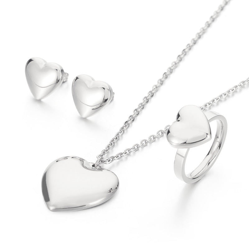 Fashion Heart Shape Titanium Steel Plating Rings Earrings Necklace 1 Set