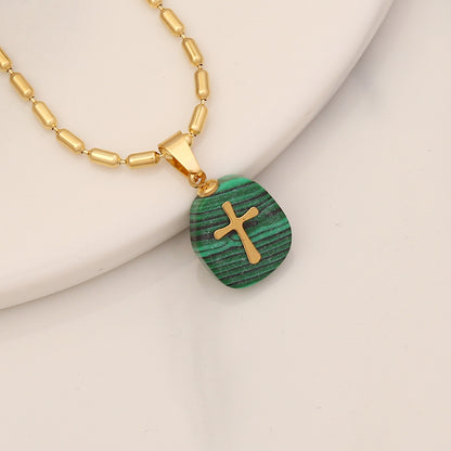 Retro Cross Stainless Steel Natural Stone Turquoise Pendant Necklace