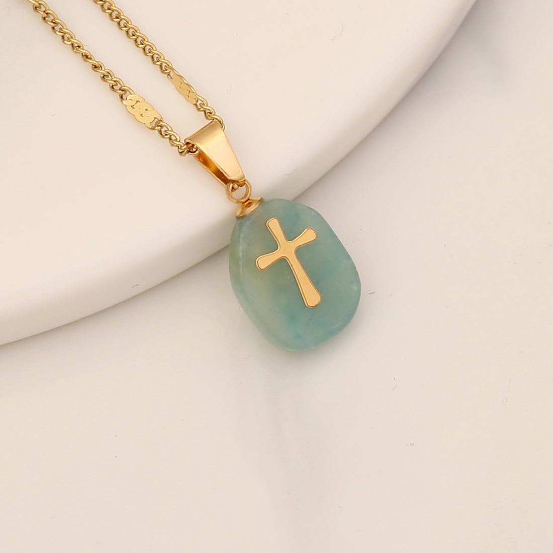 Retro Cross Stainless Steel Natural Stone Turquoise Pendant Necklace